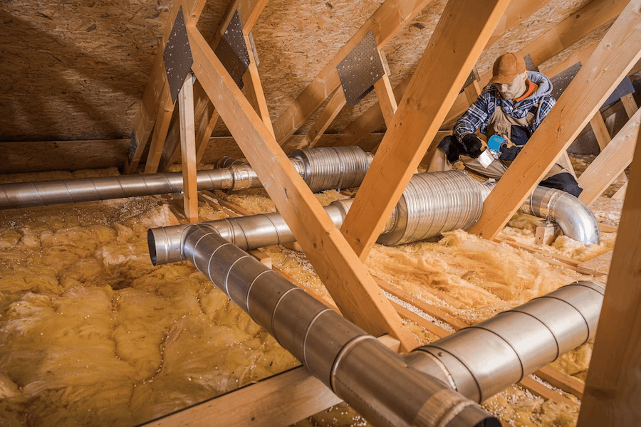 Residential attic with newly installed HVAC duct system