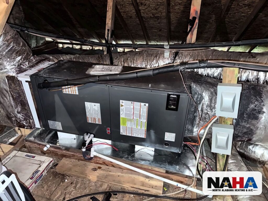 Attic HVAC install with disconnects and ductwork