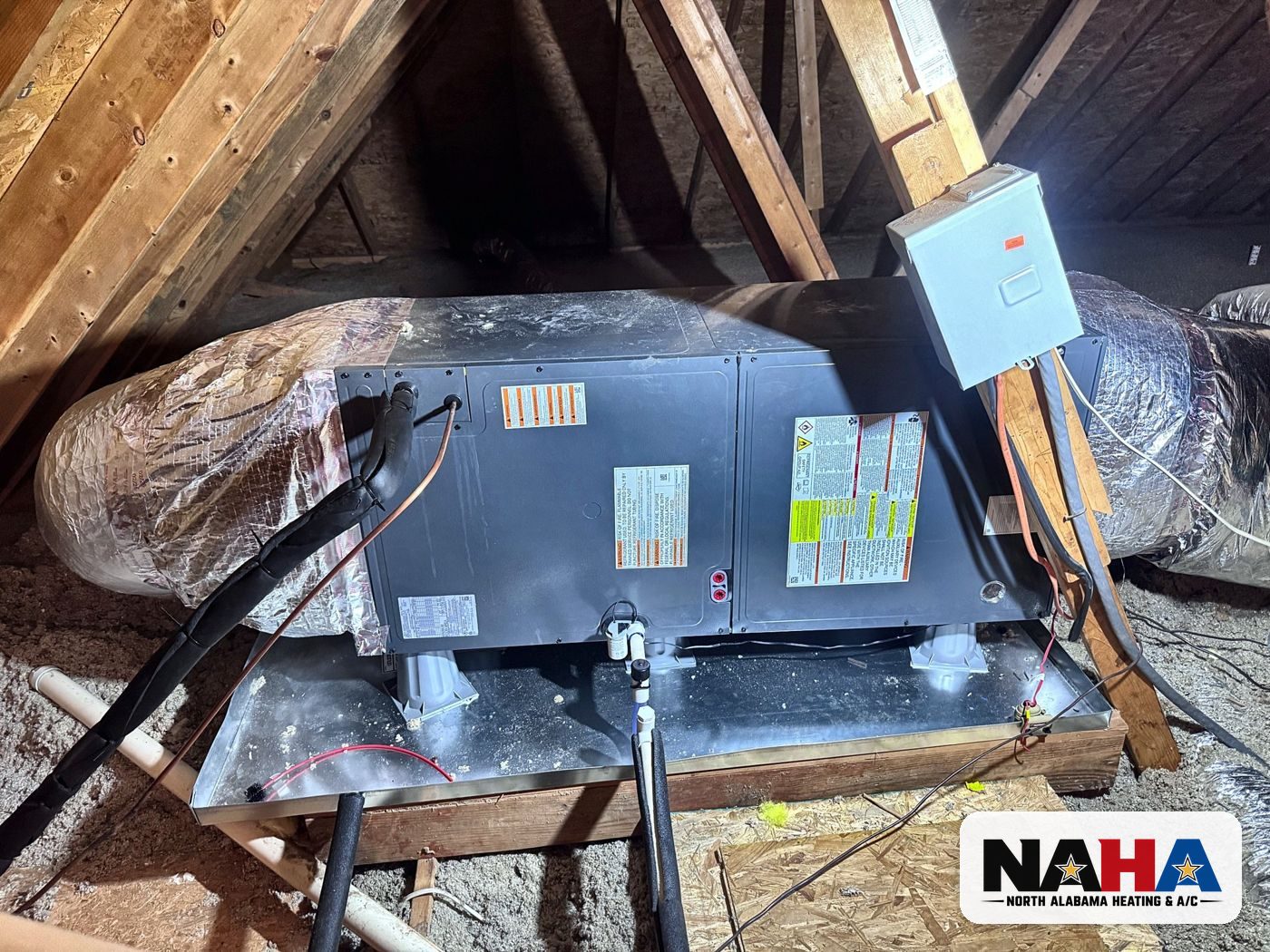 Horizontal HVAC unit installed in an attic with new flex duct