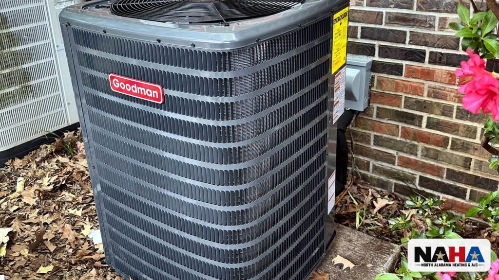 New outdoor condenser beside a brick home with azaleas
