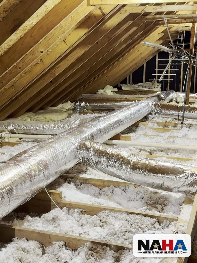 New insulated ductwork run across an attic, hung with support straps