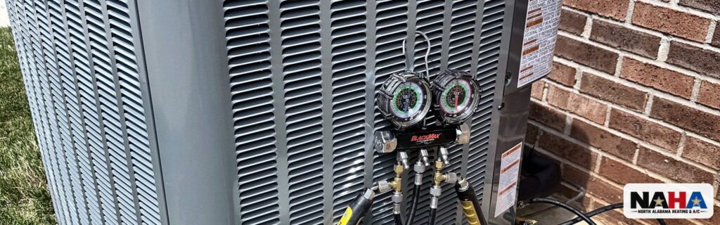 North Alabama Heating & A/C checking refrigerant pressures on an outdoor AC unit in Huntsville, AL